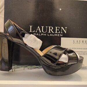 Ralph Lauren "Sasha" Black Patent Leather Platform Sandals. NIB. Size 9.5